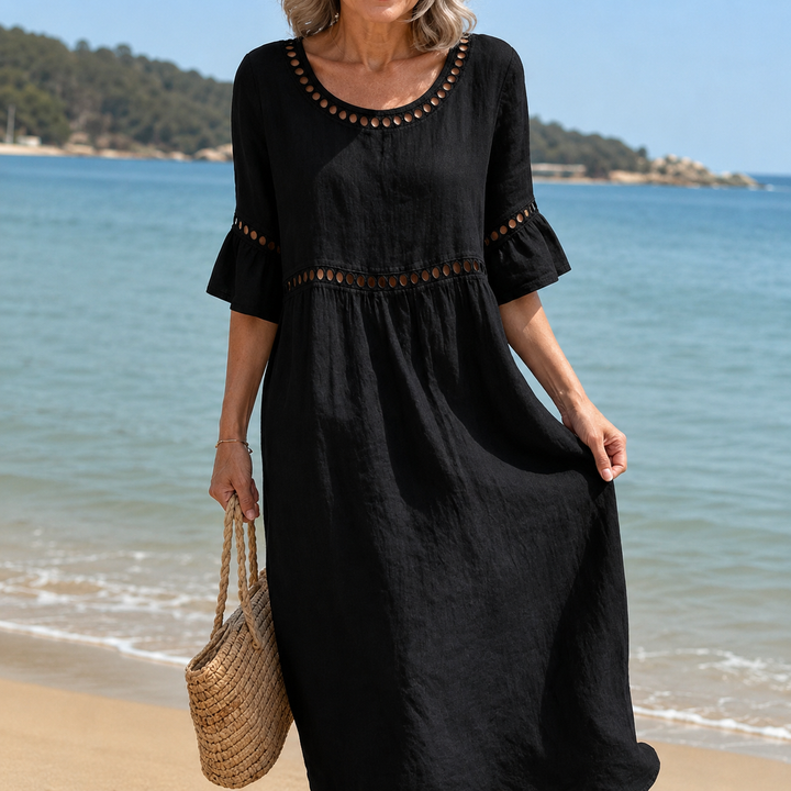 Helene Linen Blend Long Dress with Cutwork Detail
