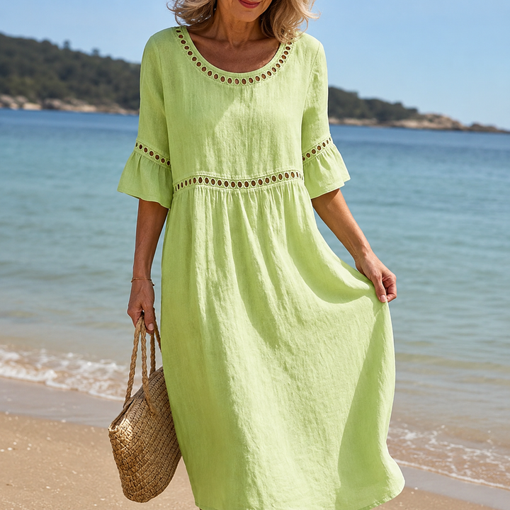 Helene Linen Blend Long Dress with Cutwork Detail