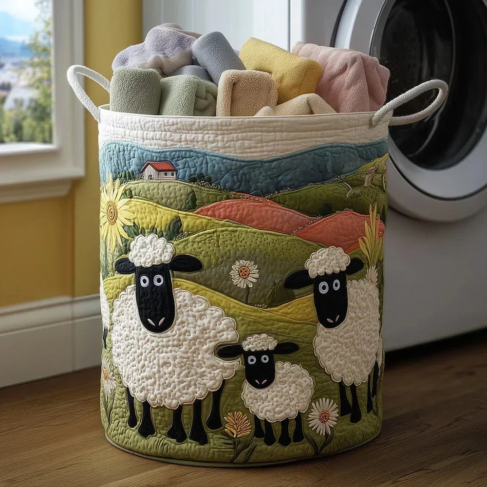 Quilted Laundry Basket with Snuggled Sheep