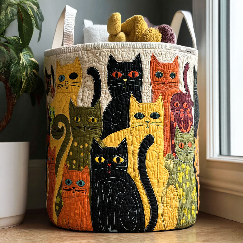 Quilted Laundry Basket with Snuggled Kittens