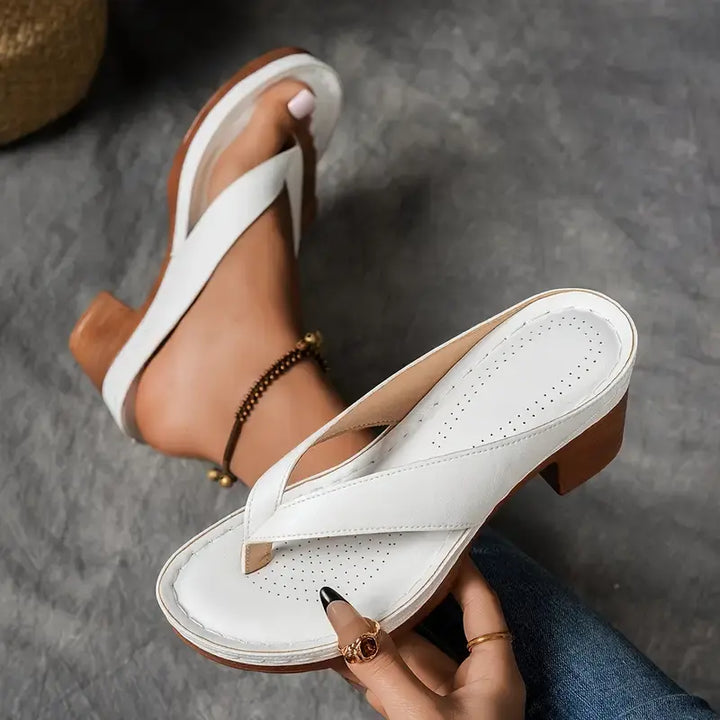 Agathe Gold Block Heel Thong Sandals