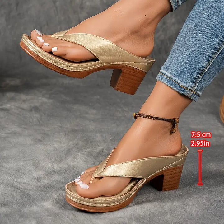 Agathe Gold Block Heel Thong Sandals