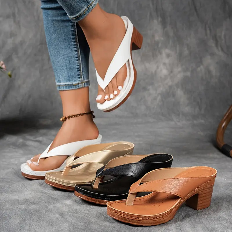 Agathe Gold Block Heel Thong Sandals