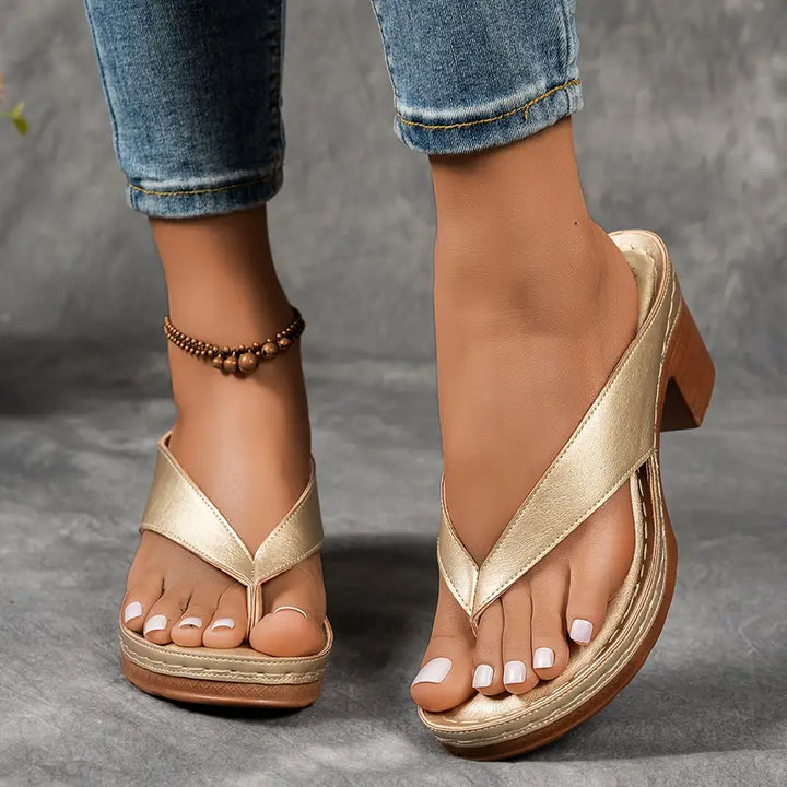 Agathe Gold Block Heel Thong Sandals