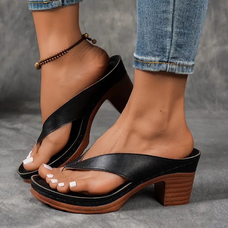 Agathe Gold Block Heel Thong Sandals