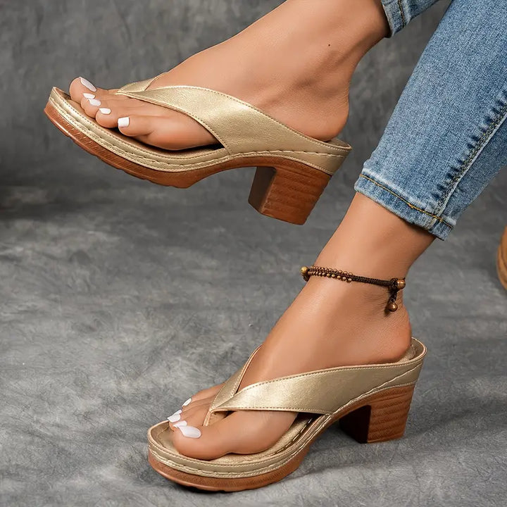 Agathe Gold Block Heel Thong Sandals