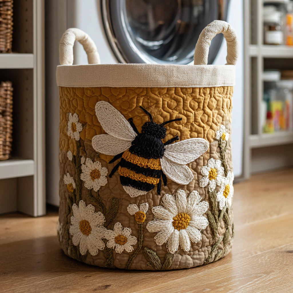 Quilted Laundry Basket with Bees and Daisies