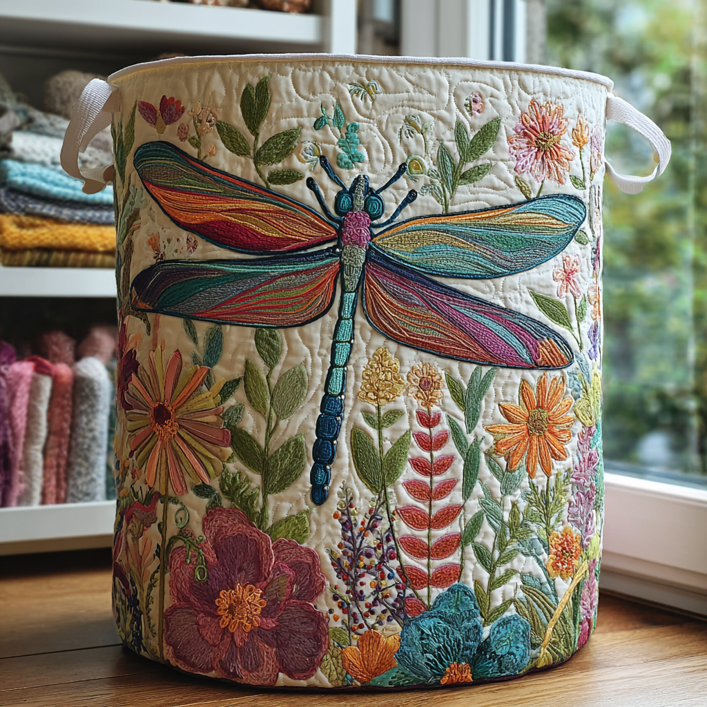 Quilted Laundry Basket with Dragonflies in the Garden