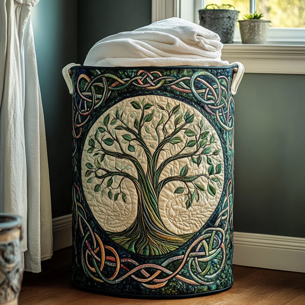 Quilted Laundry Basket with Intertwined Roots and Branches
