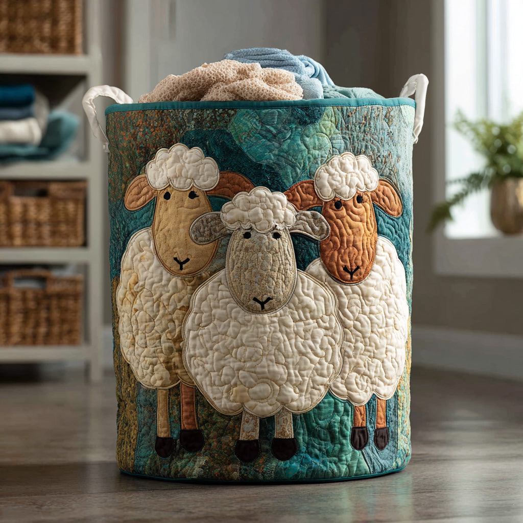 Quilted Laundry Basket with Flock of Fluffy Sheep