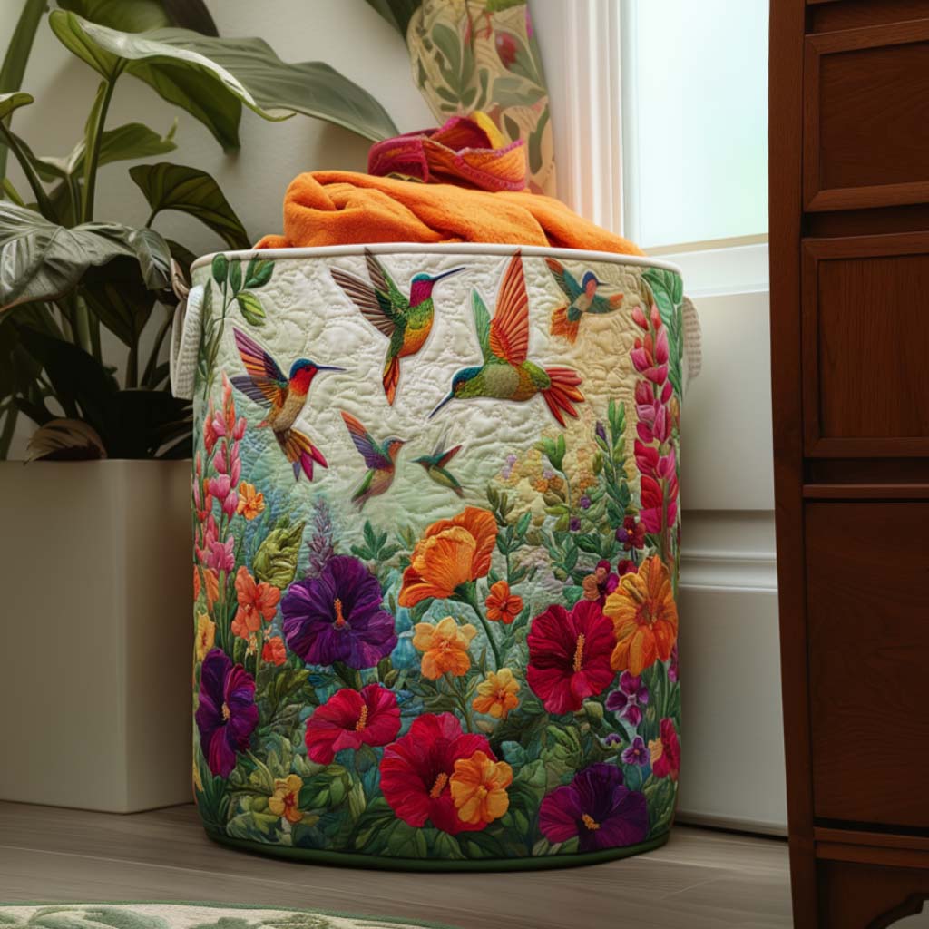 Quilted Laundry Basket with Butterflies Among Flowers
