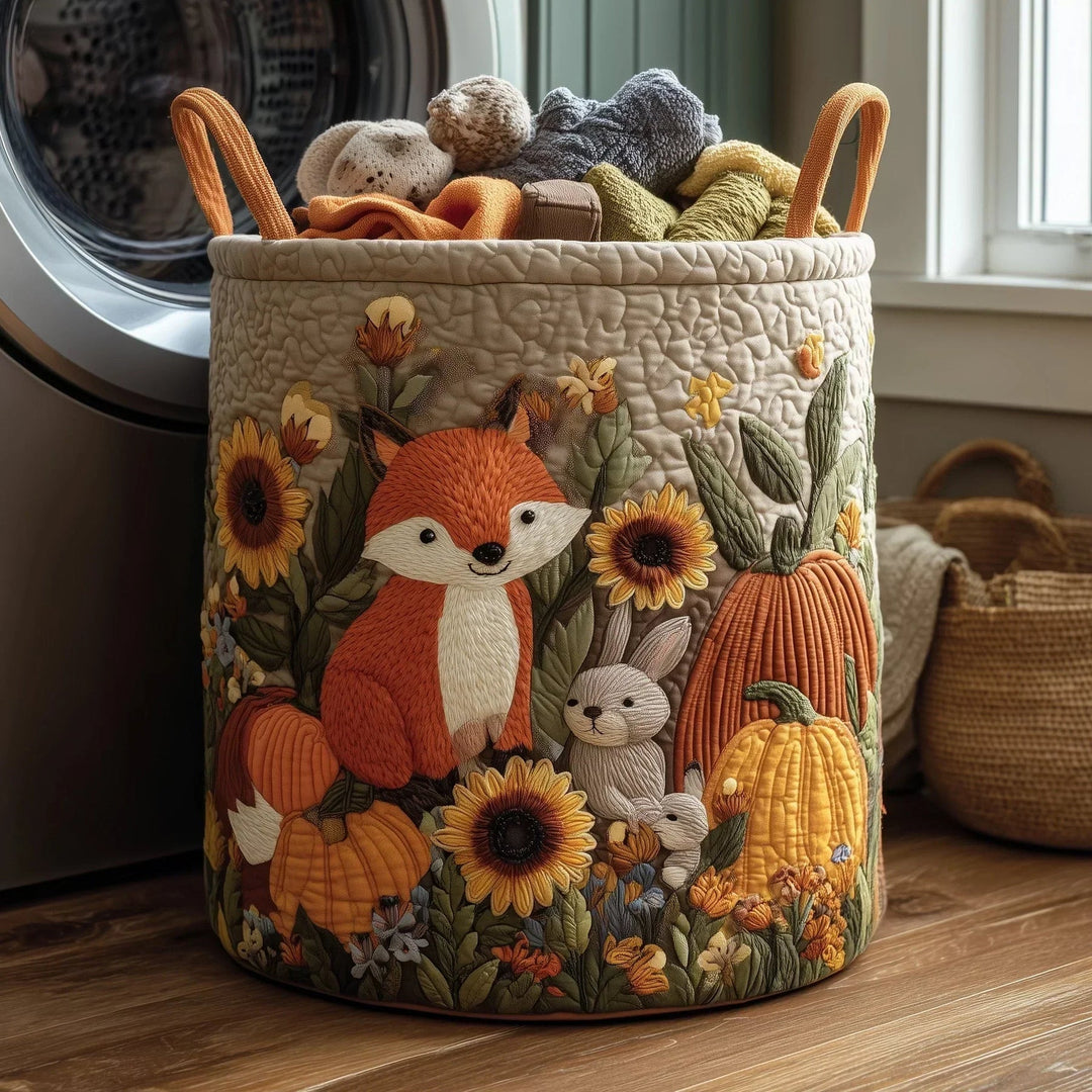 Quilted Laundry Basket with Fox, Rabbits and Pumpkins