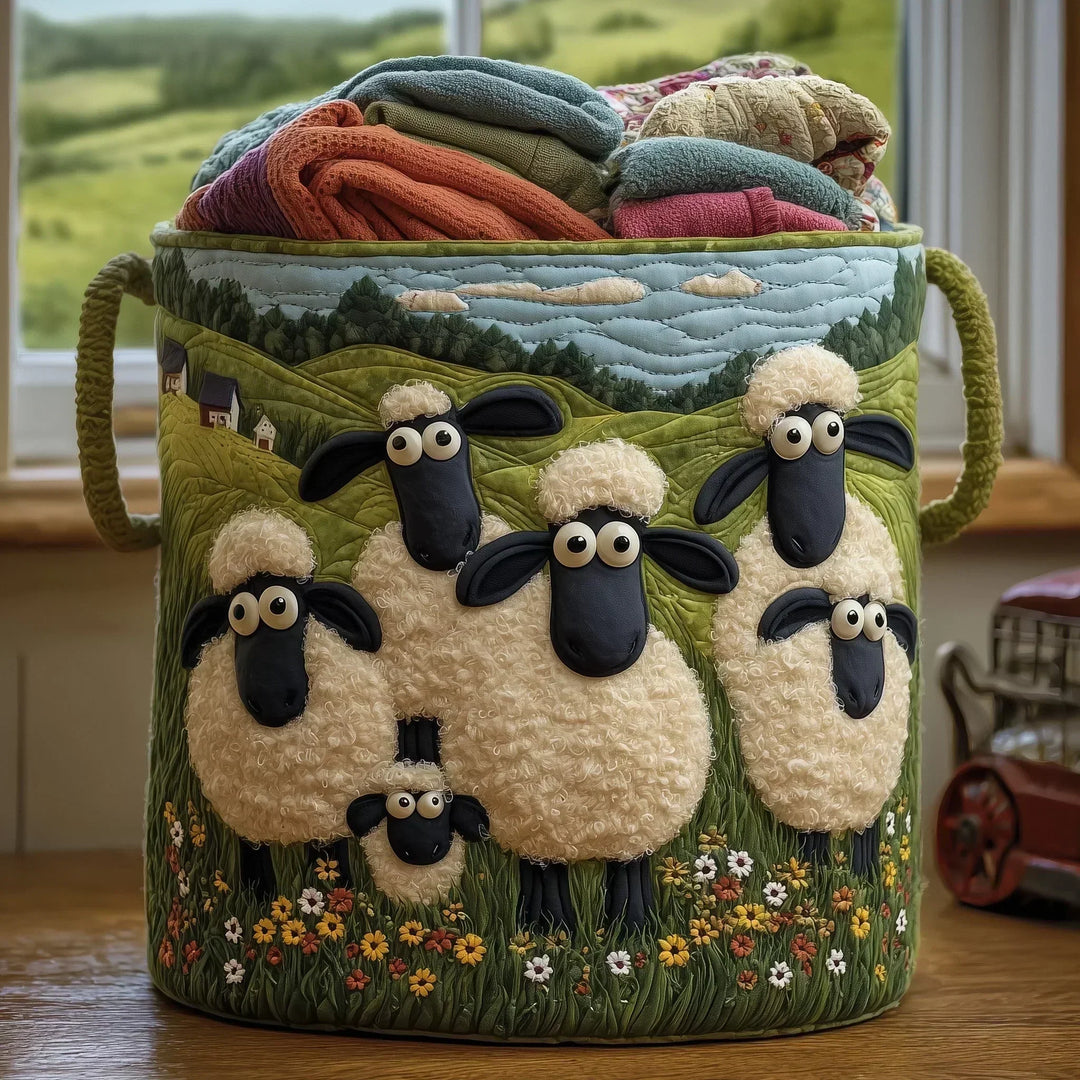 Quilted Laundry Basket with Flock of Sheep in the Countryside