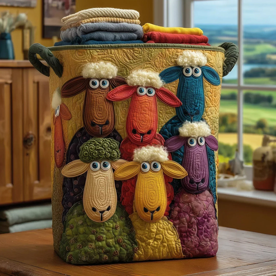 Quilted Laundry Basket with Sheep Among the Hills