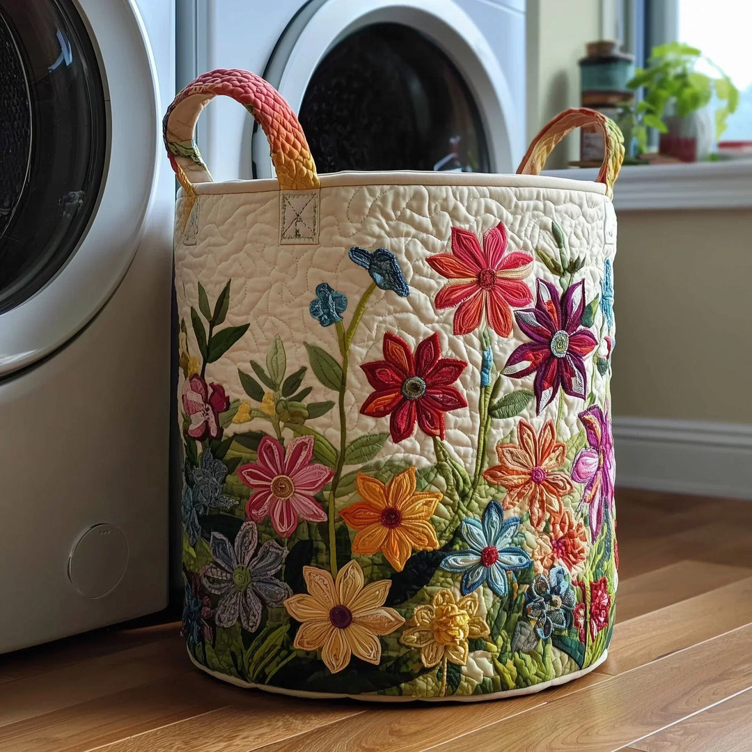 Quilted Laundry Basket with Colourful Flower Field