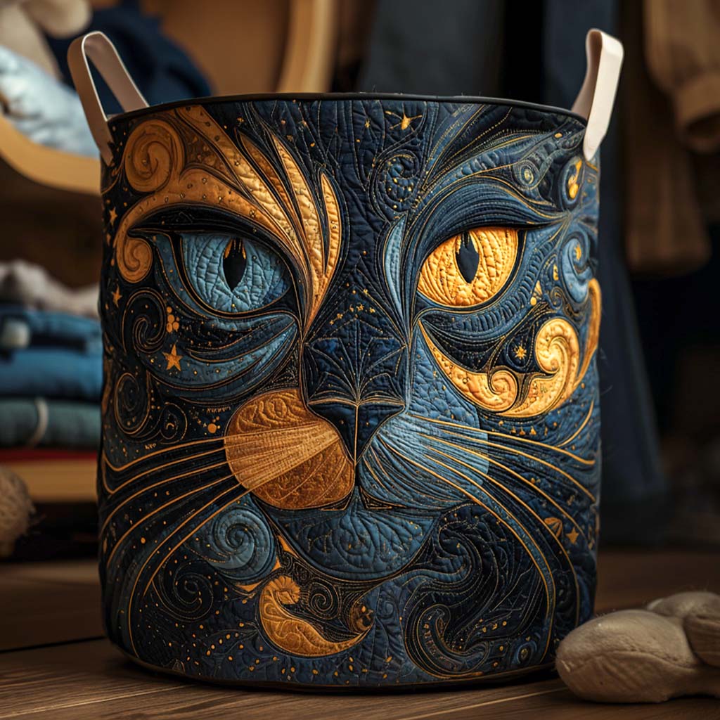Quilted Laundry Basket with Cat Under a Starry Sky