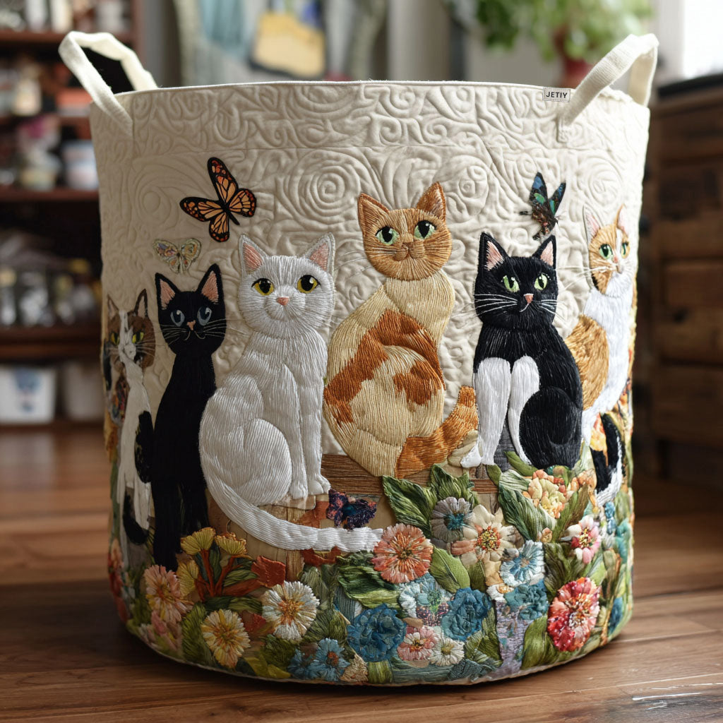 Quilted Laundry Basket with Cats Among Garden Flowers