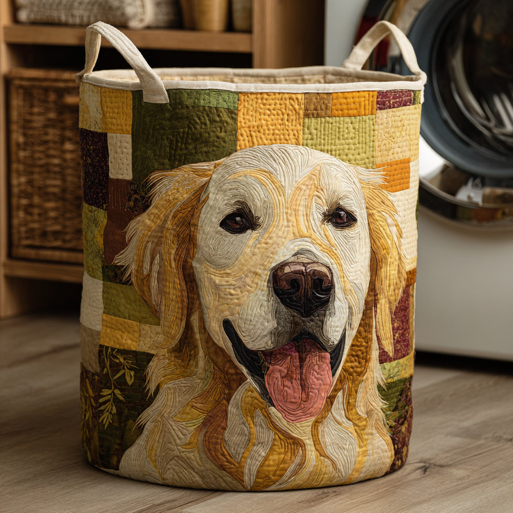 Quilted Laundry Basket with Smiling Golden Retriever