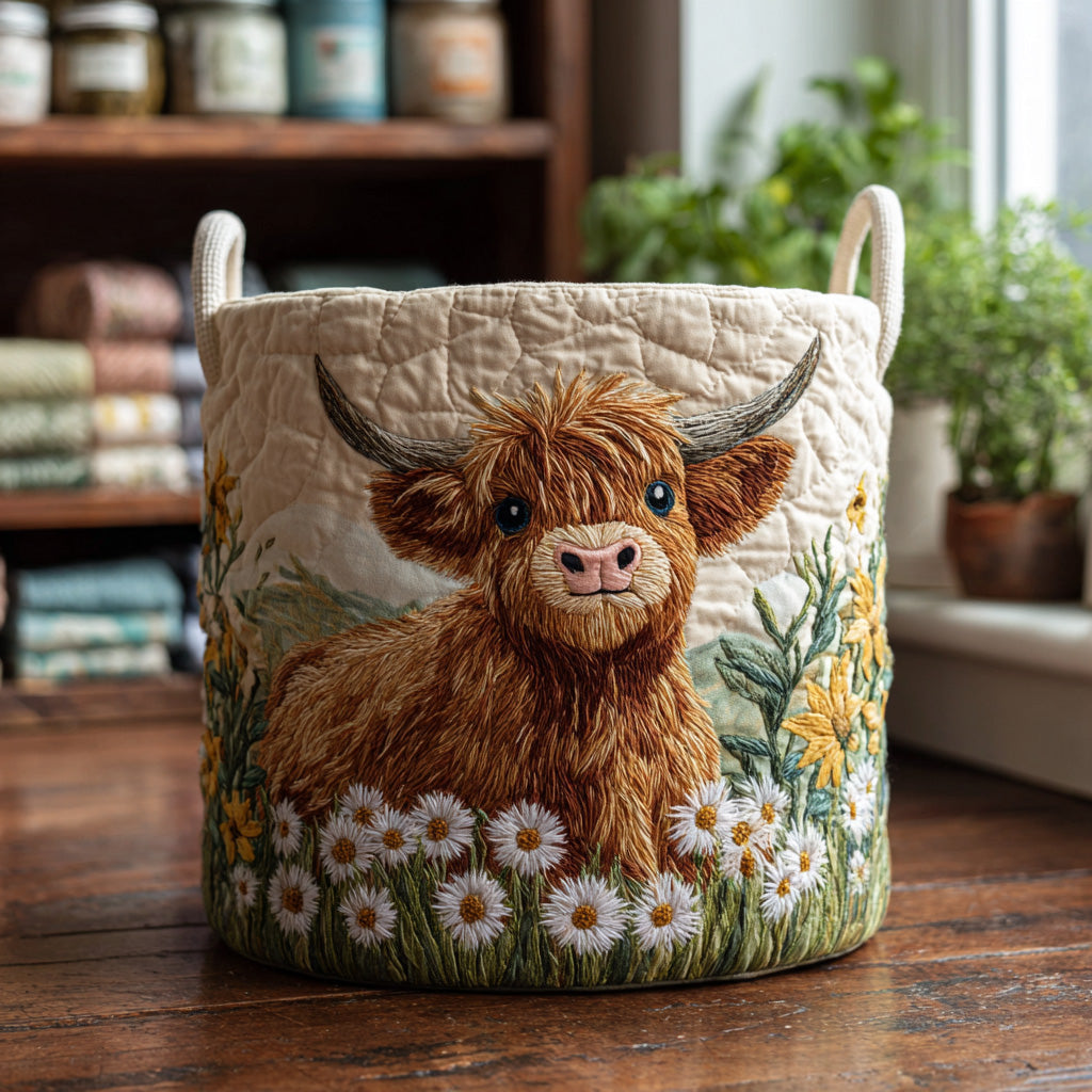 Quilted Laundry Basket with Highland Cow Among Flowers
