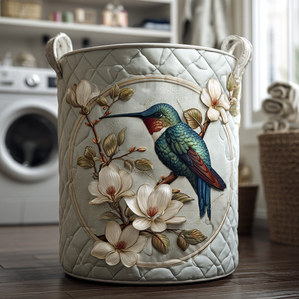 Quilted Laundry Basket with Hummingbird and Floral Lace