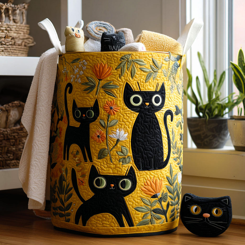Quilted Laundry Basket with Gathered Cats