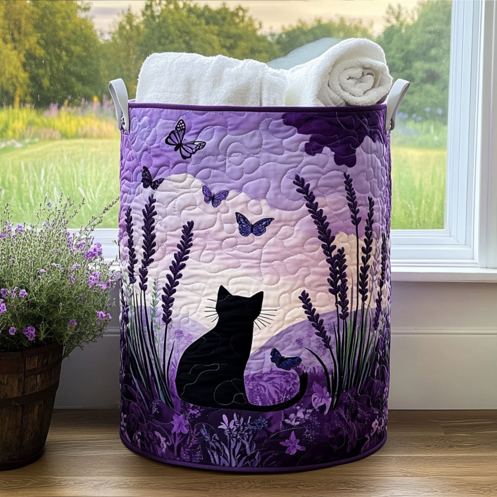 Quilted Laundry Basket with Cats in a Night Meadow