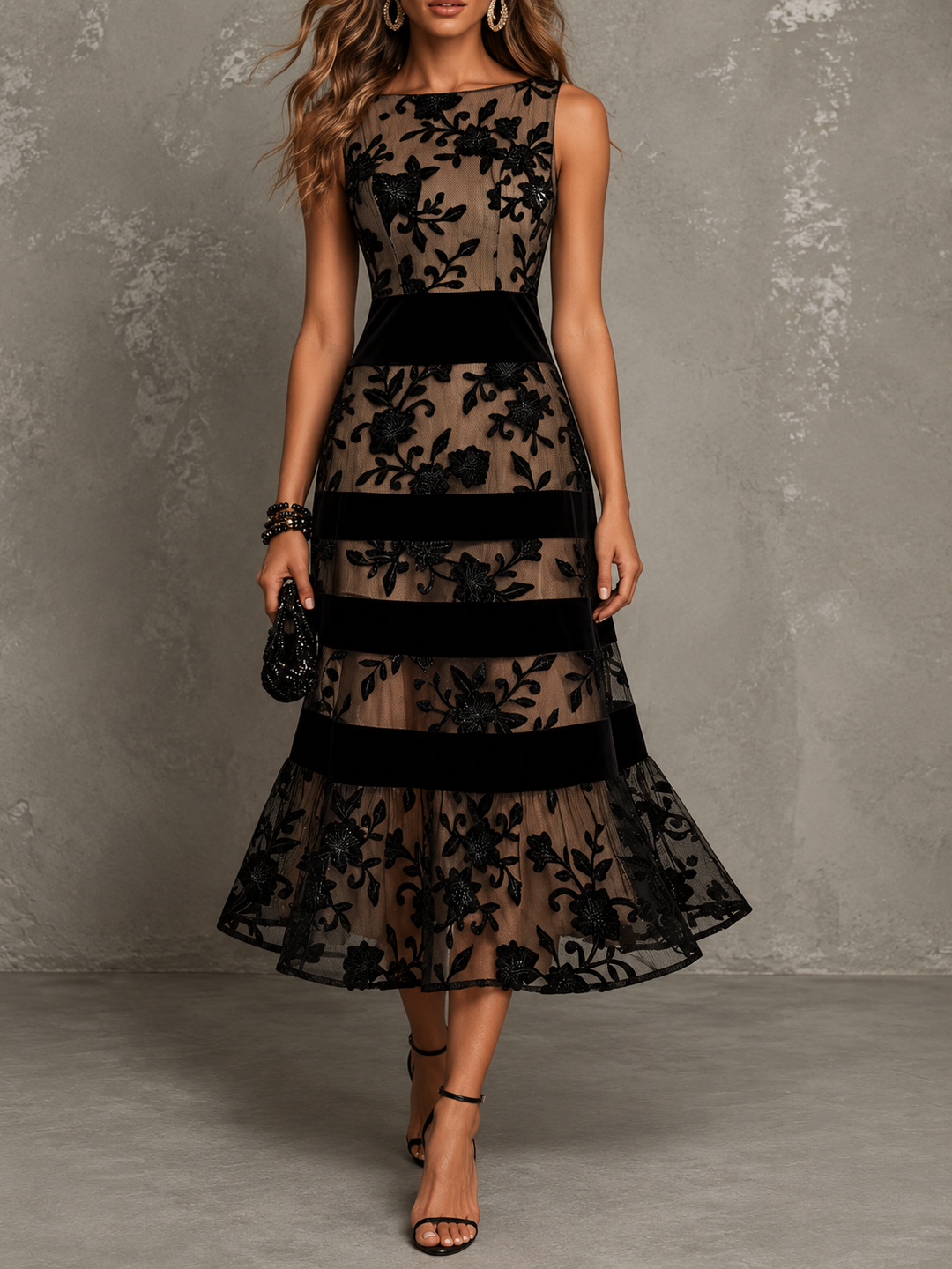 Cordelia Black Floral Appliqué Midi Dress