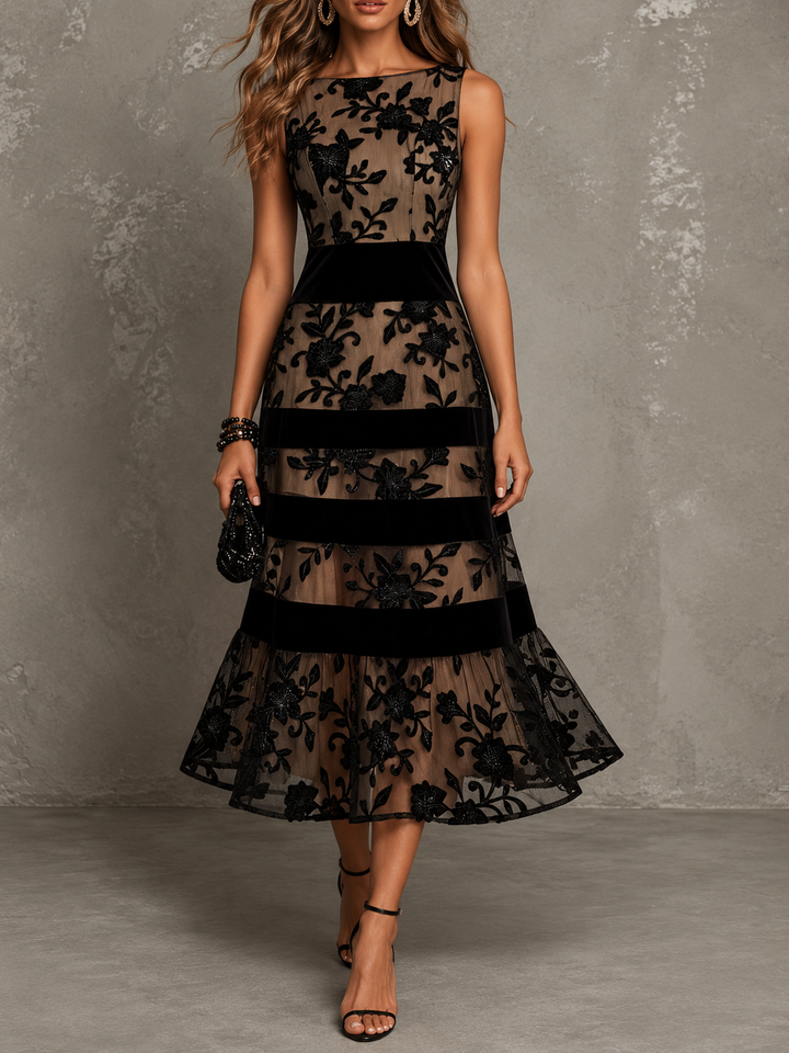 Cordelia Black Floral Appliqué Midi Dress