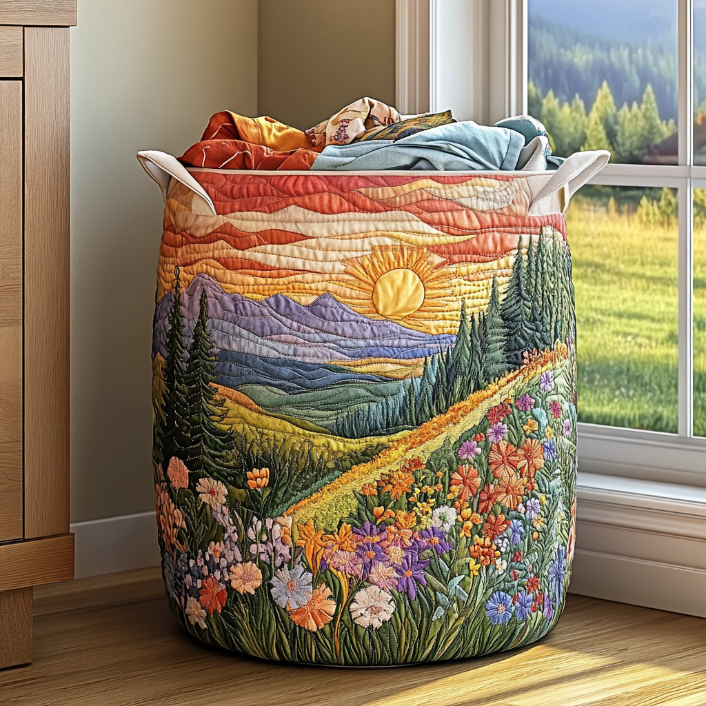 Quilted Laundry Basket with Sunrise Among Mountains and Flowers