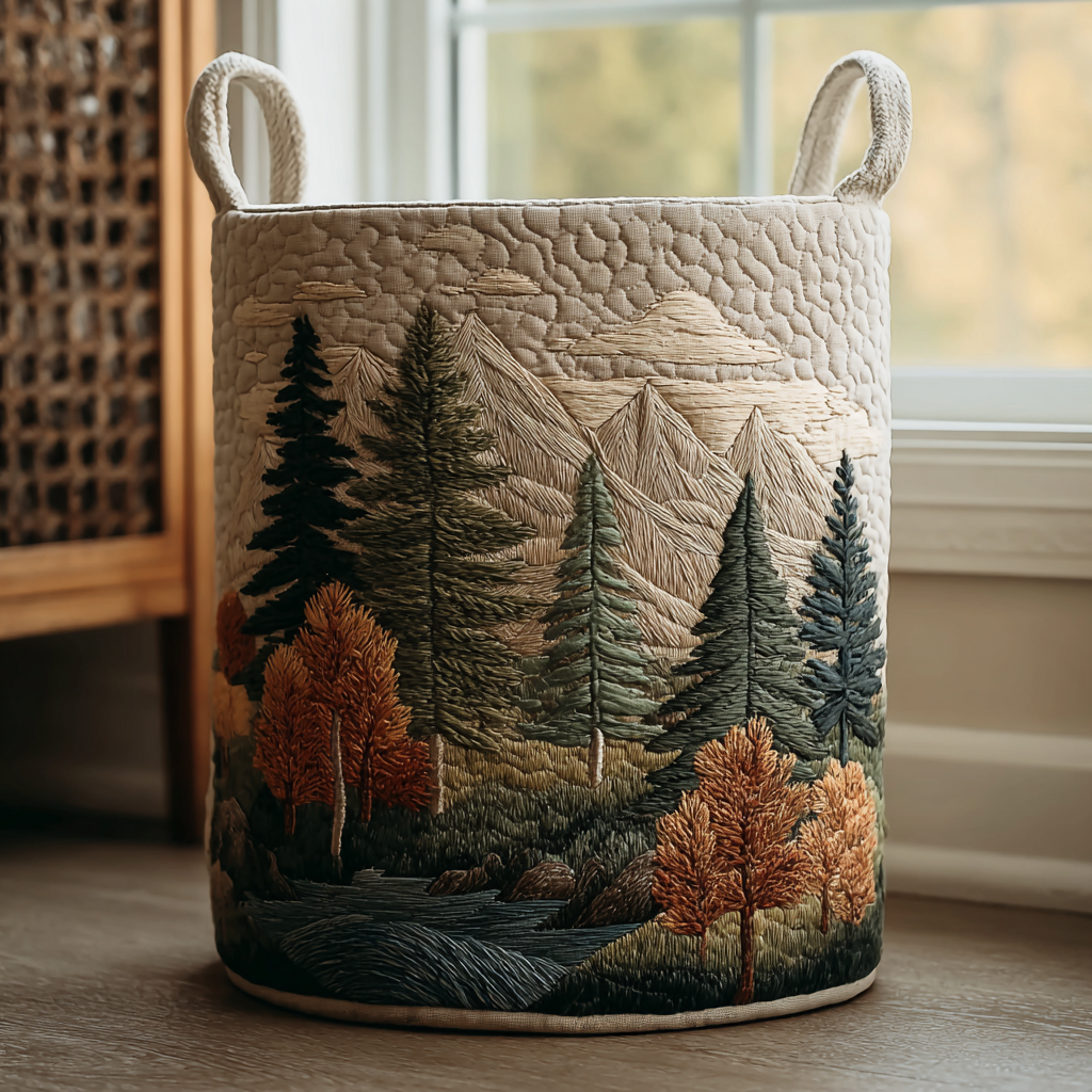 Quilted Laundry Basket with Mountains and Forest