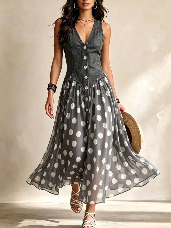 Adeline | Denim-Effect Polka Dot Maxi Dress