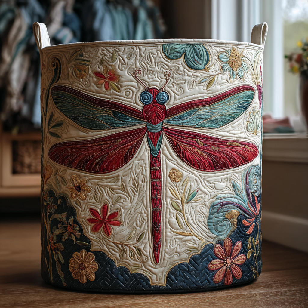Quilted Laundry Basket with Dragonflies