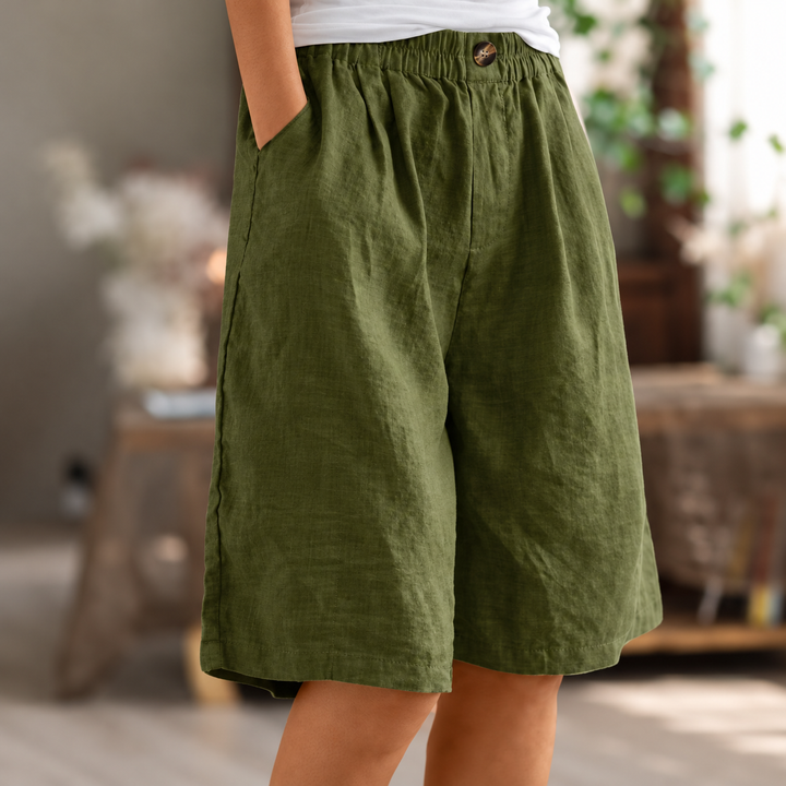 Relaxed Linen Shorts with Elastic Waist and Side Pockets