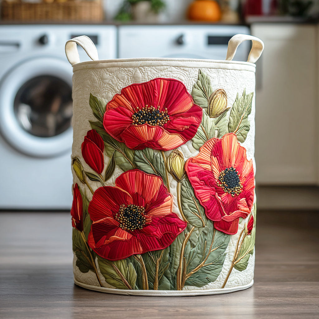 Quilted Laundry Basket with Red Poppies