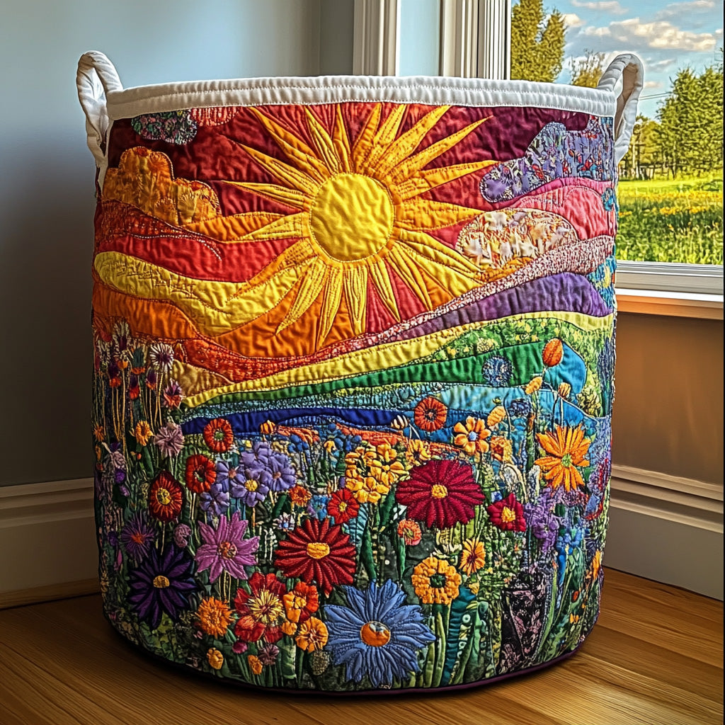 Quilted Laundry Basket with Sun over Hills and Flowers