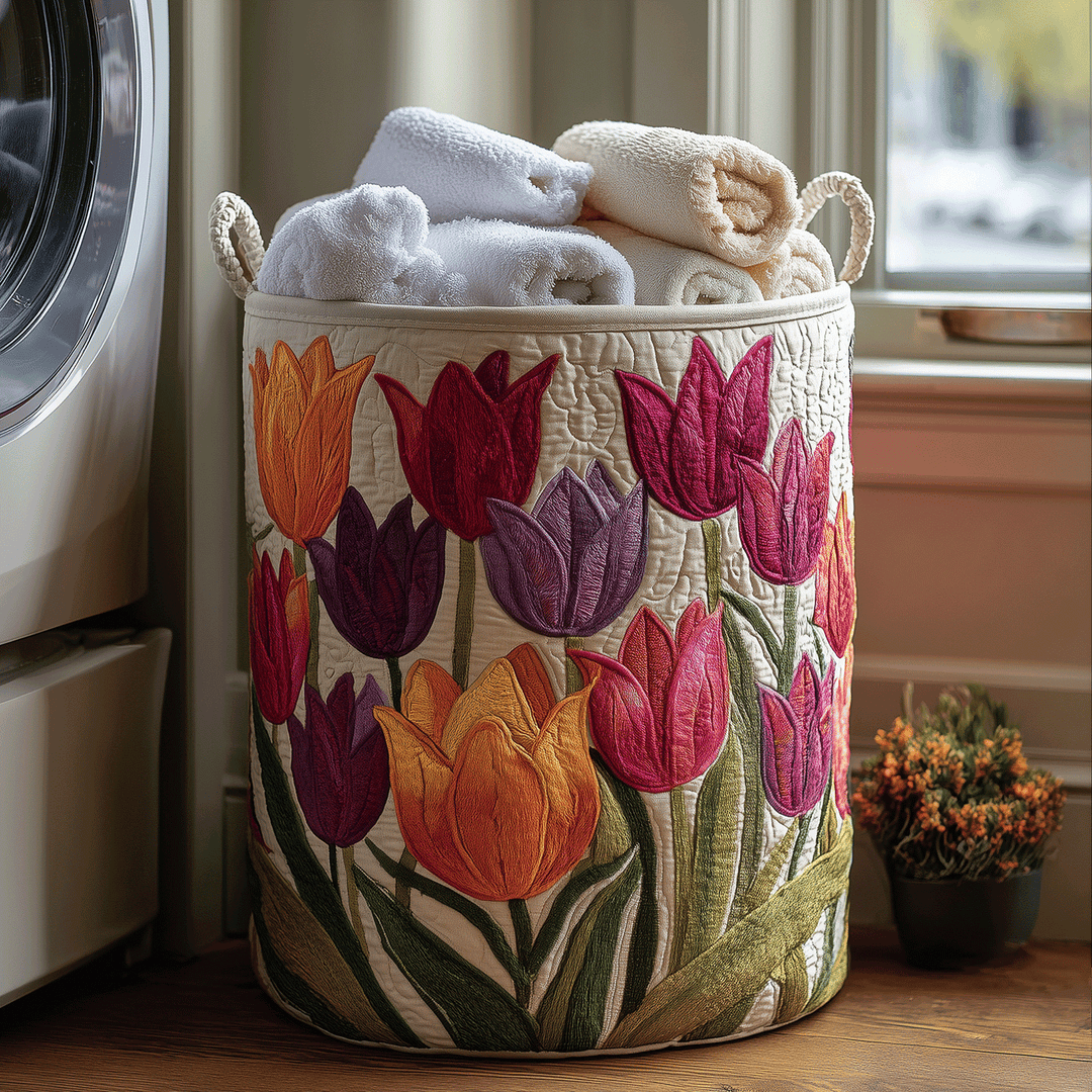 Quilted Laundry Basket with Blooming Tulips