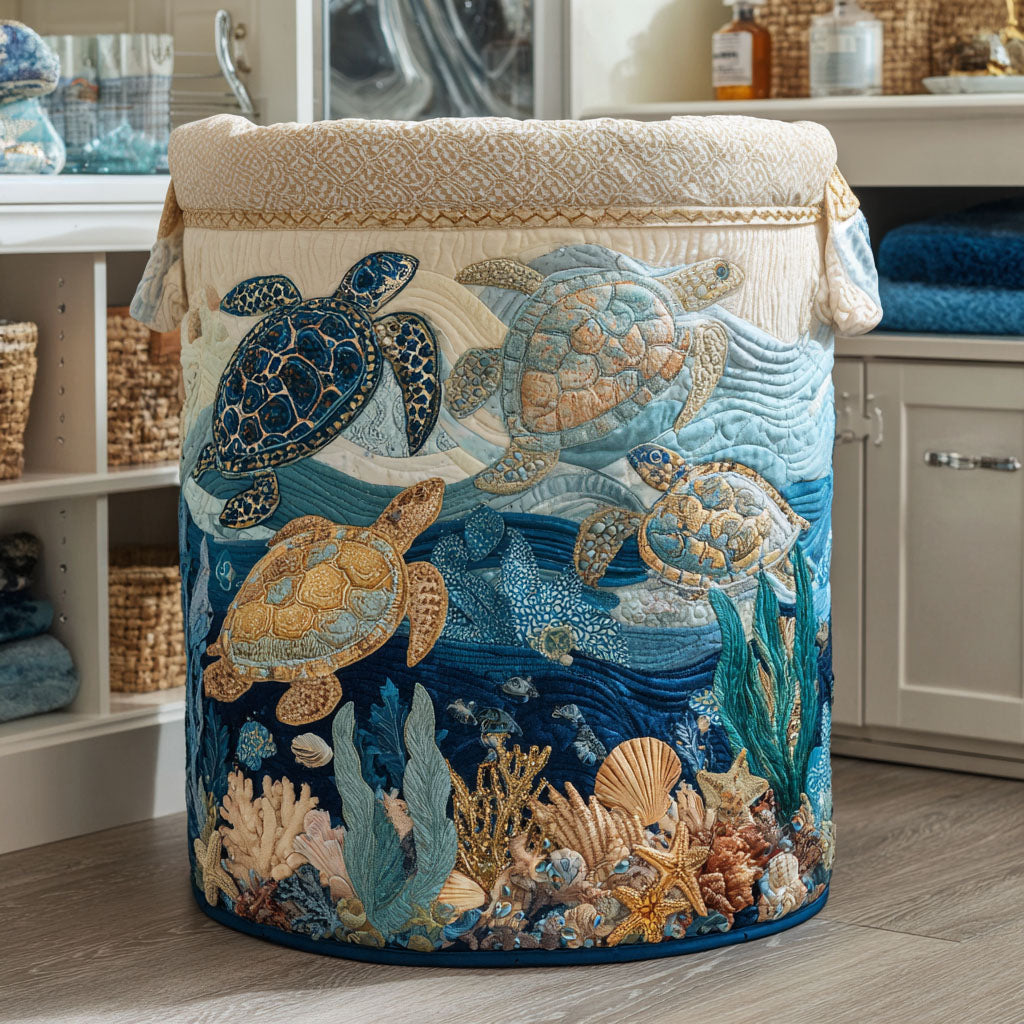 Quilted Laundry Basket with Sea Turtles and Shells