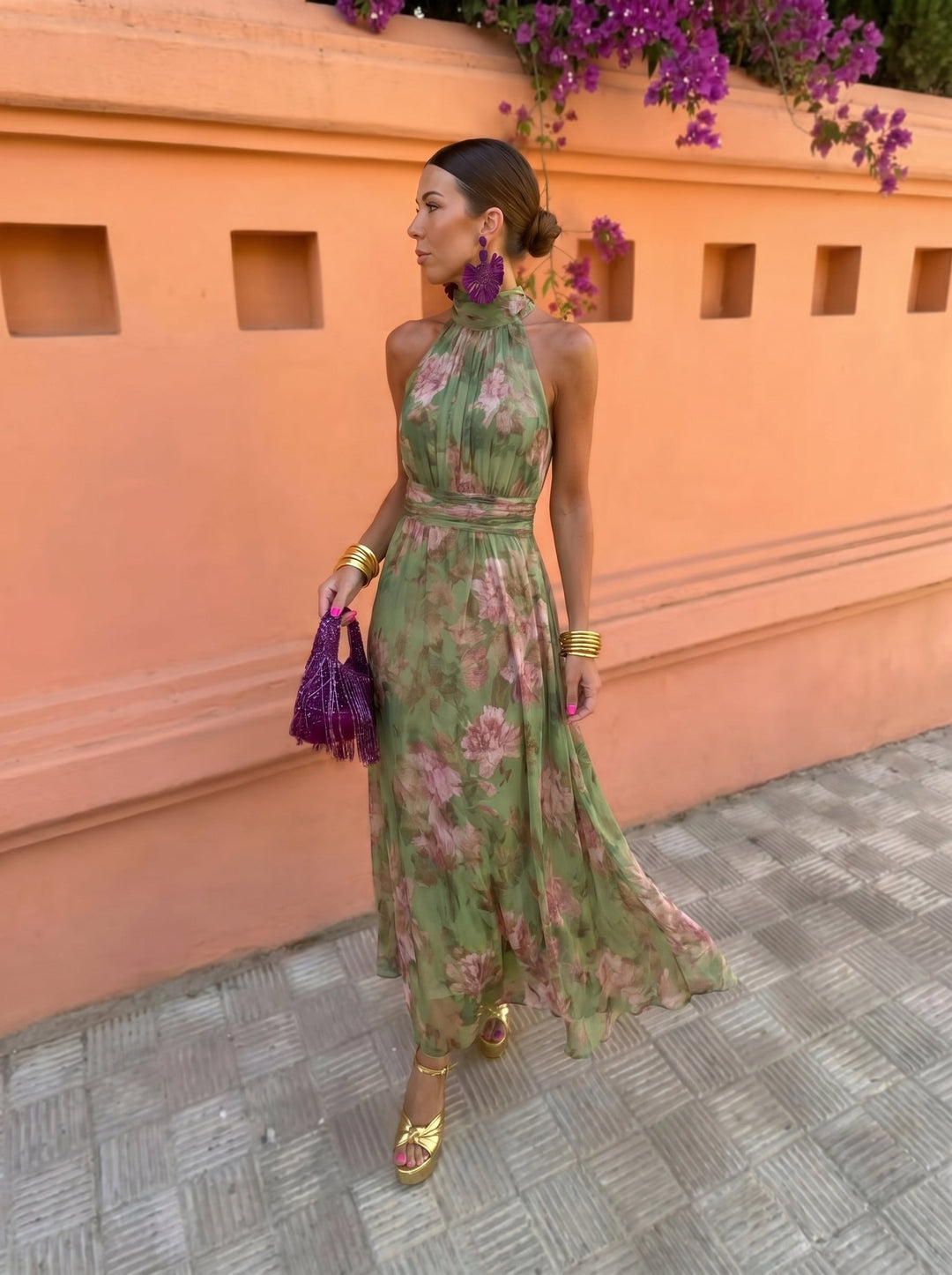 Florencia Long Floral Dress with Low Neckline - front view