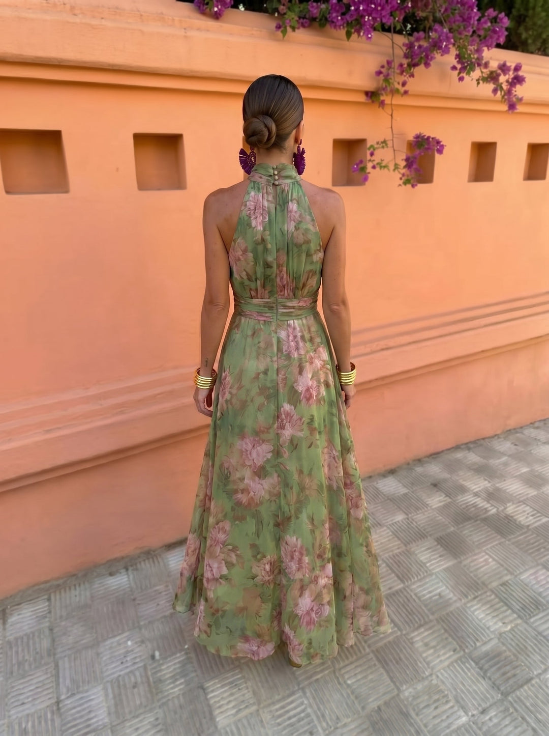 Florencia Long Floral Dress with Low Neckline - side view