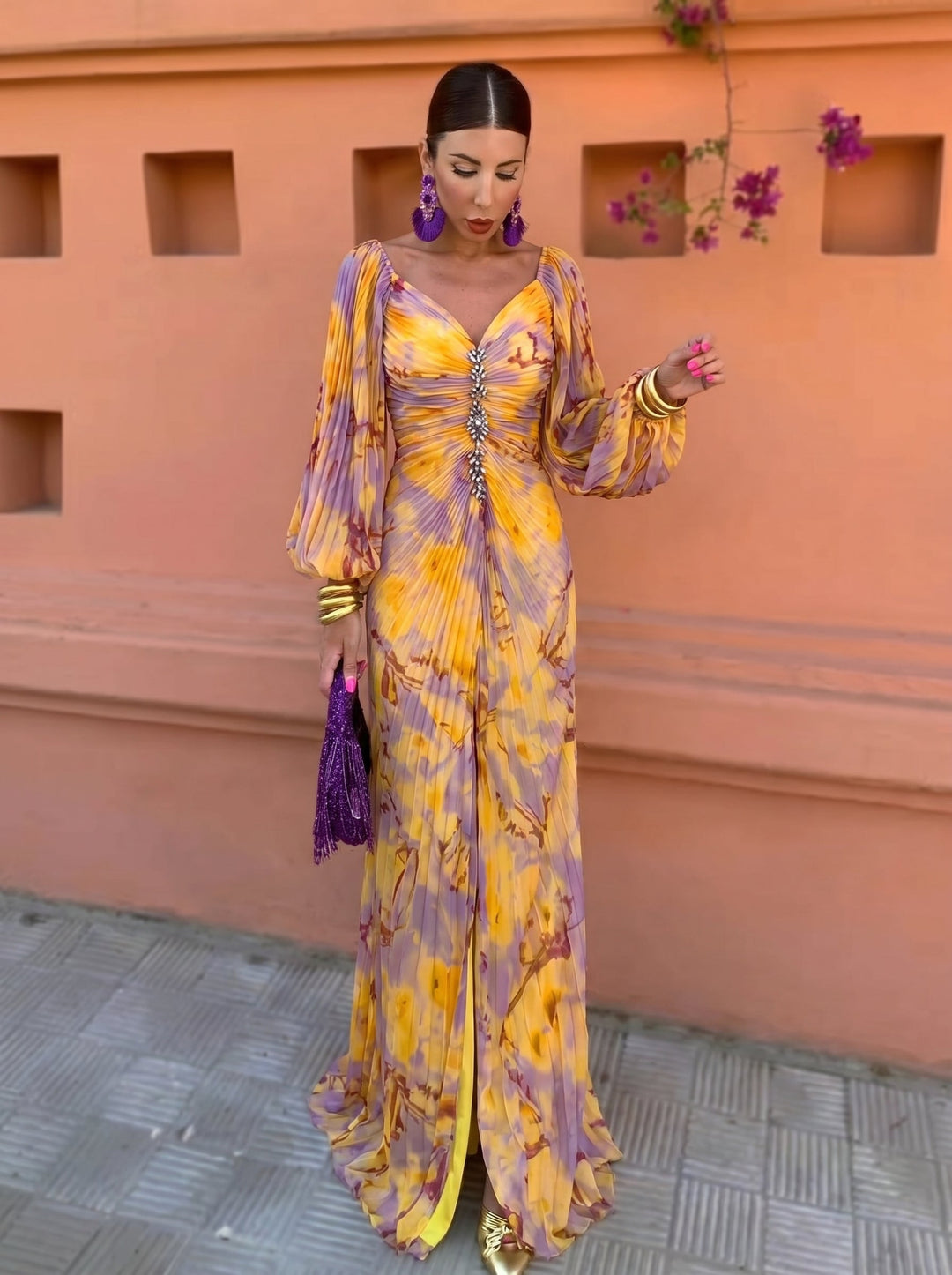 Bela Yellow Floral Plunge Maxi Dress