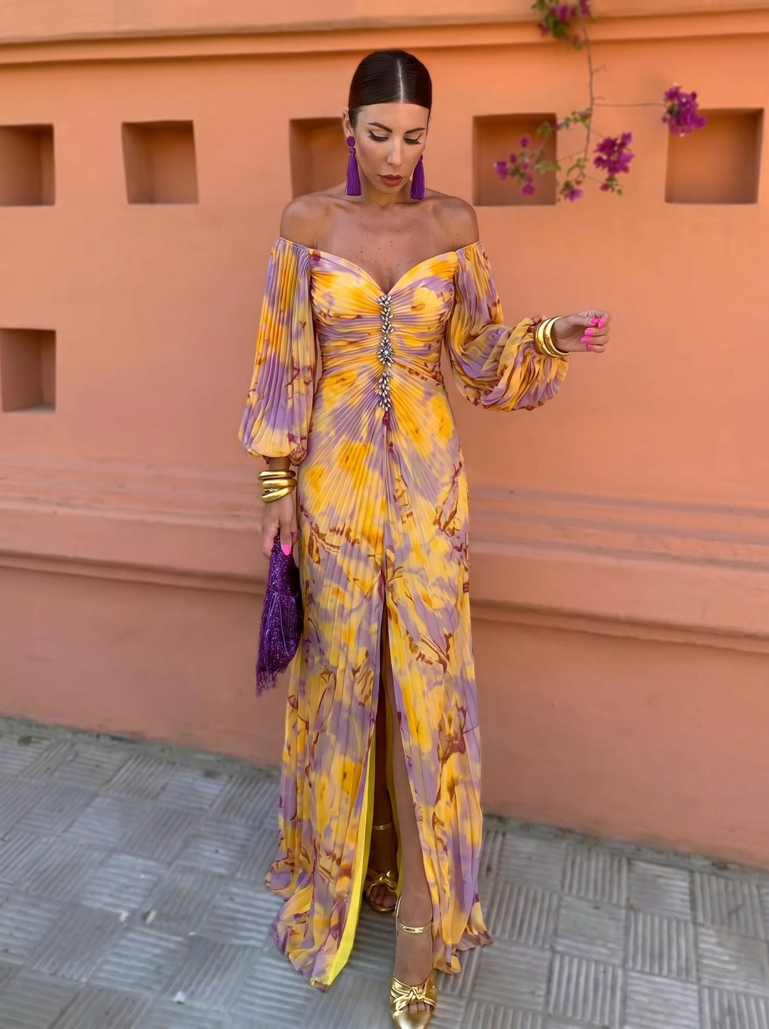 Bela Yellow Floral Plunge Maxi Dress