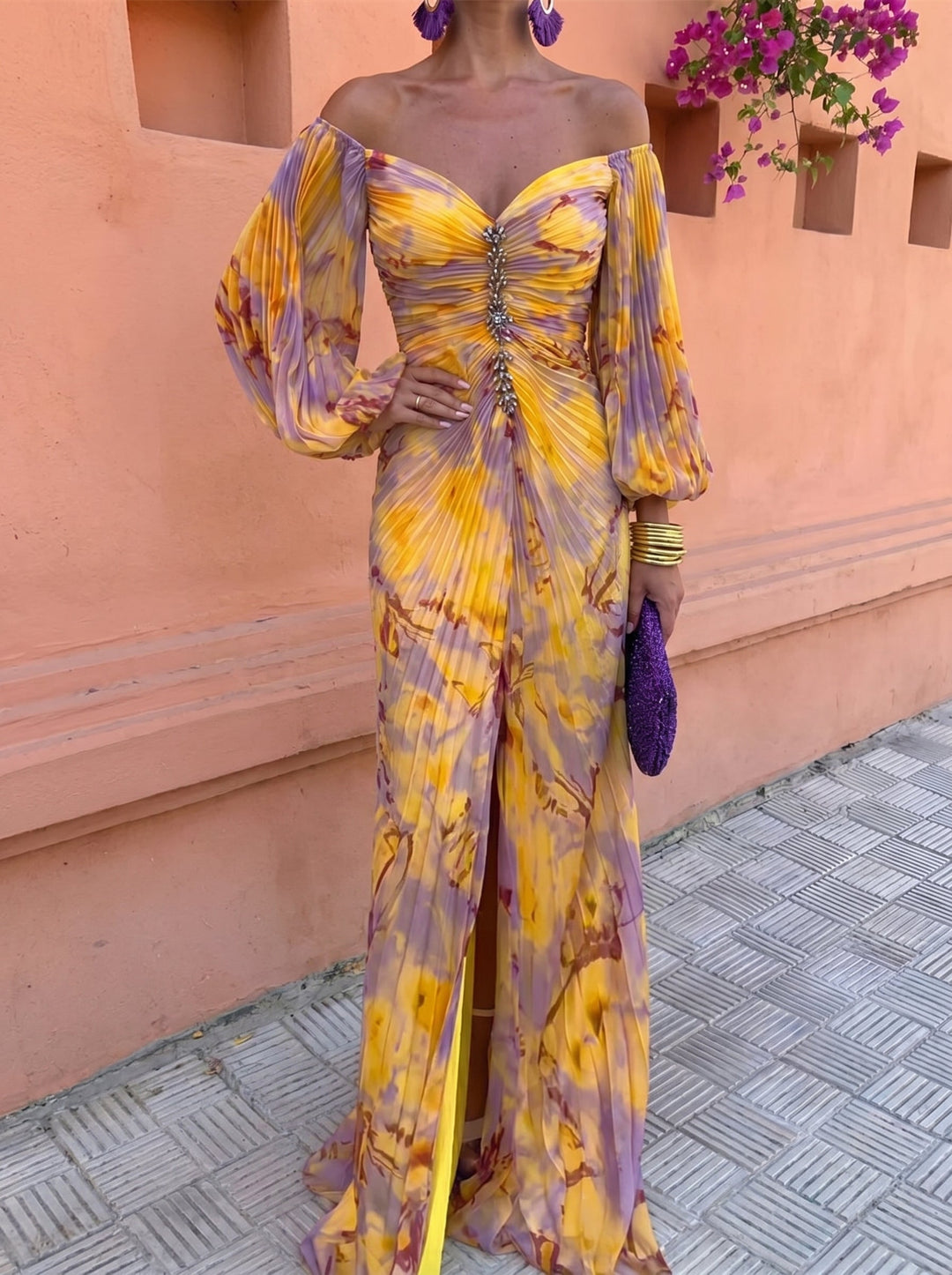 Bela Yellow Floral Plunge Maxi Dress