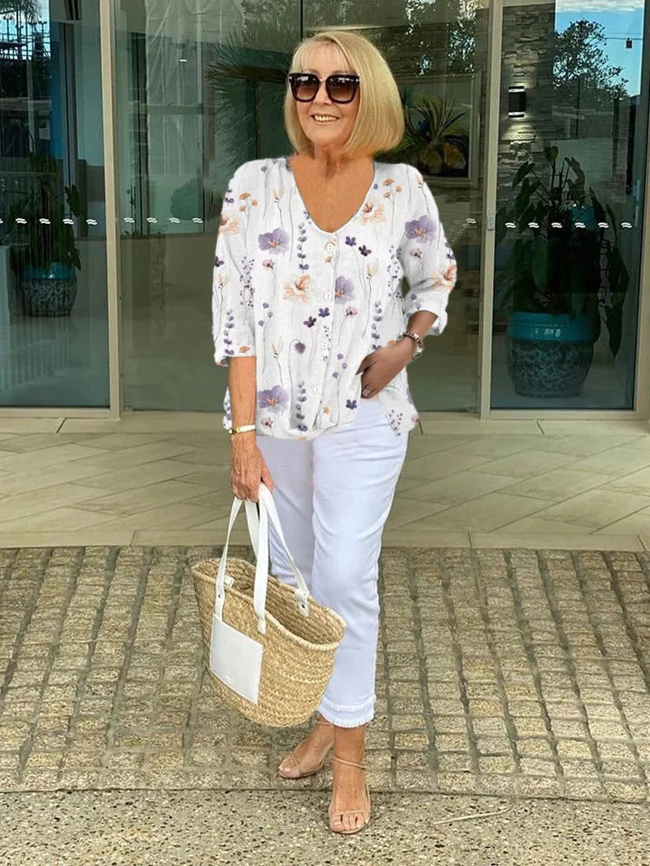 Joanne Printed Button Tunic Top - White