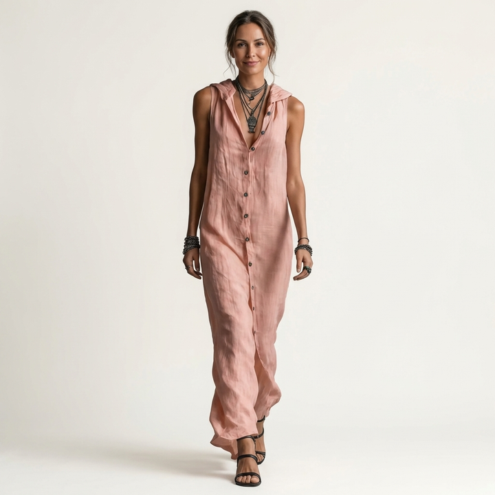 Mirabell Hooded Button-Front Sleeveless Maxi Dress - Pink