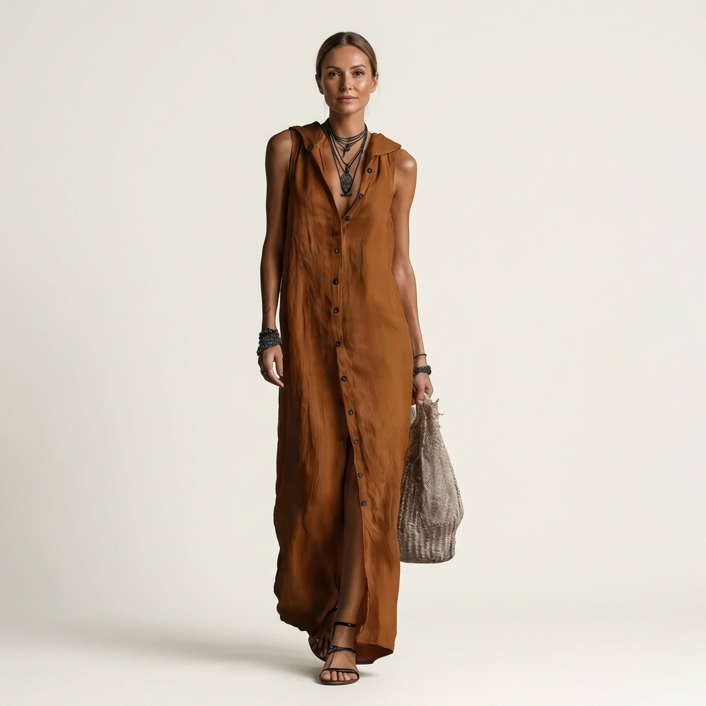 Mirabell Hooded Button-Front Sleeveless Maxi Dress - Brown