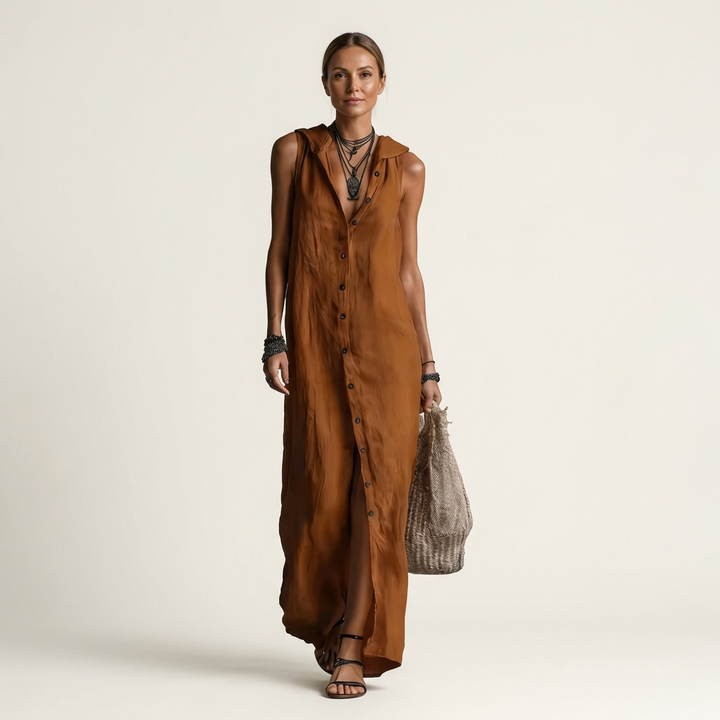 Mirabell Hooded Button-Front Sleeveless Maxi Dress - Brown