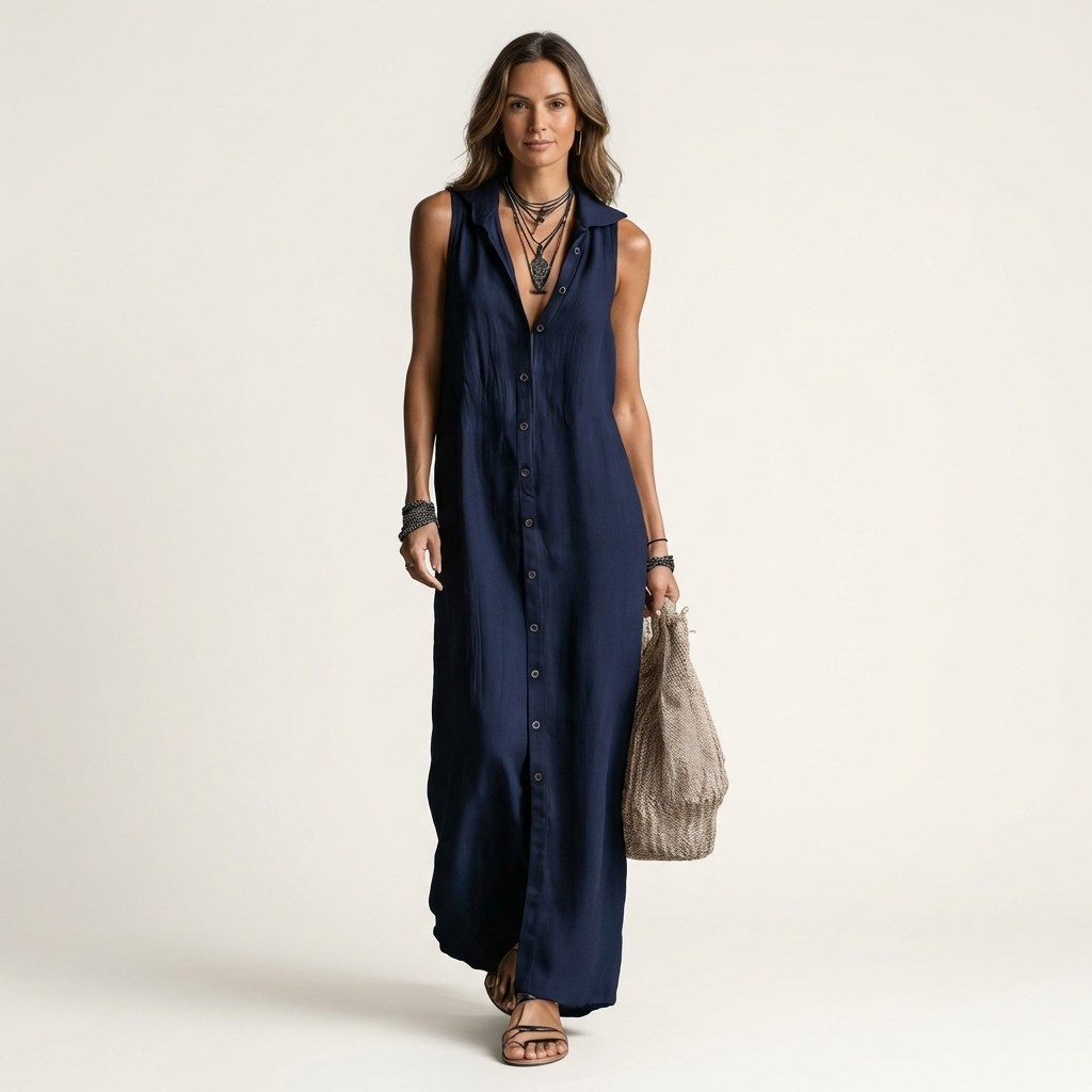 Mirabell Hooded Button-Front Sleeveless Maxi Dress - Navy Blue
