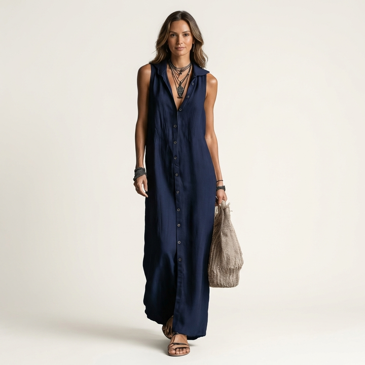 Mirabell Hooded Button-Front Sleeveless Maxi Dress - Navy Blue