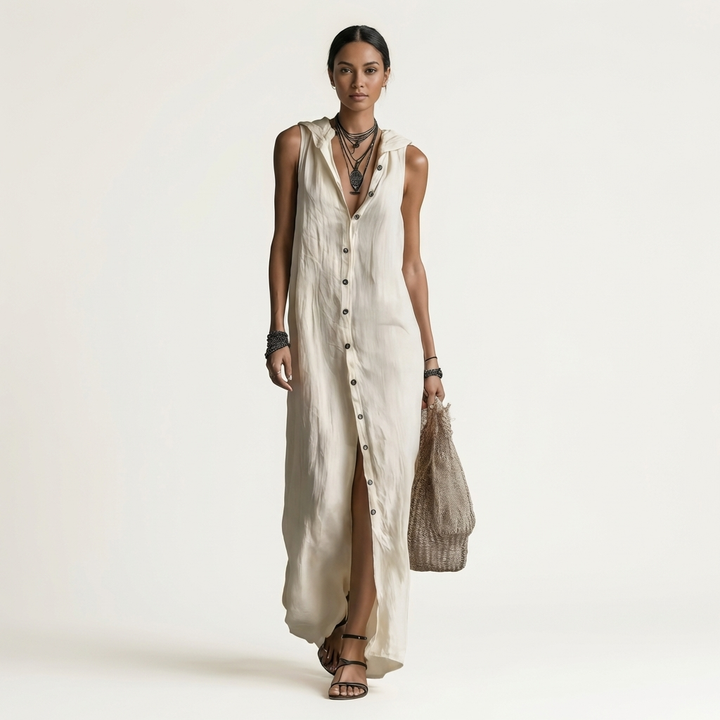 Mirabell Hooded Button-Front Sleeveless Maxi Dress - White