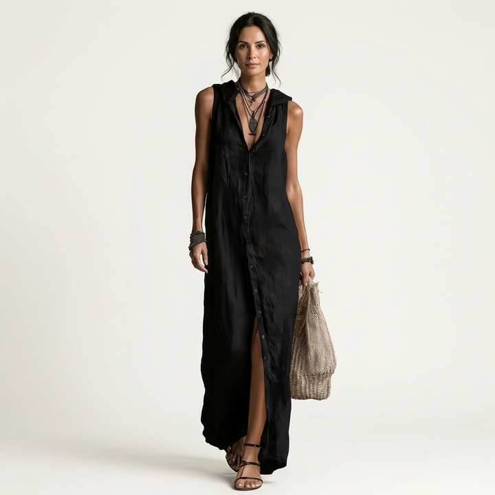 Mirabell Hooded Button-Front Sleeveless Maxi Dress - Black